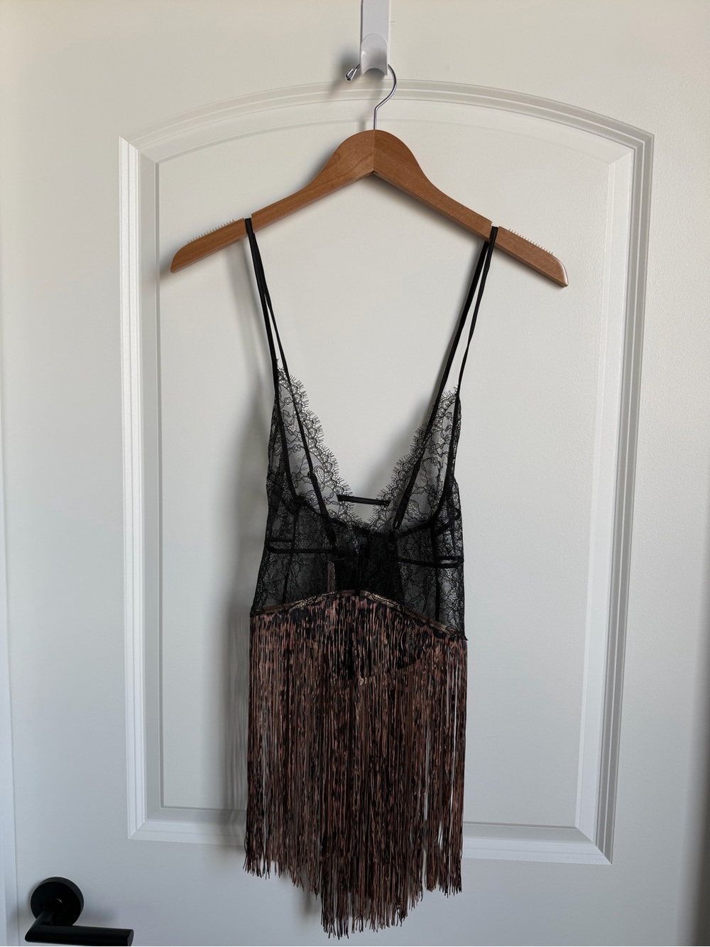Victorias Secret Black Lace and Leopard Fringe Babydoll